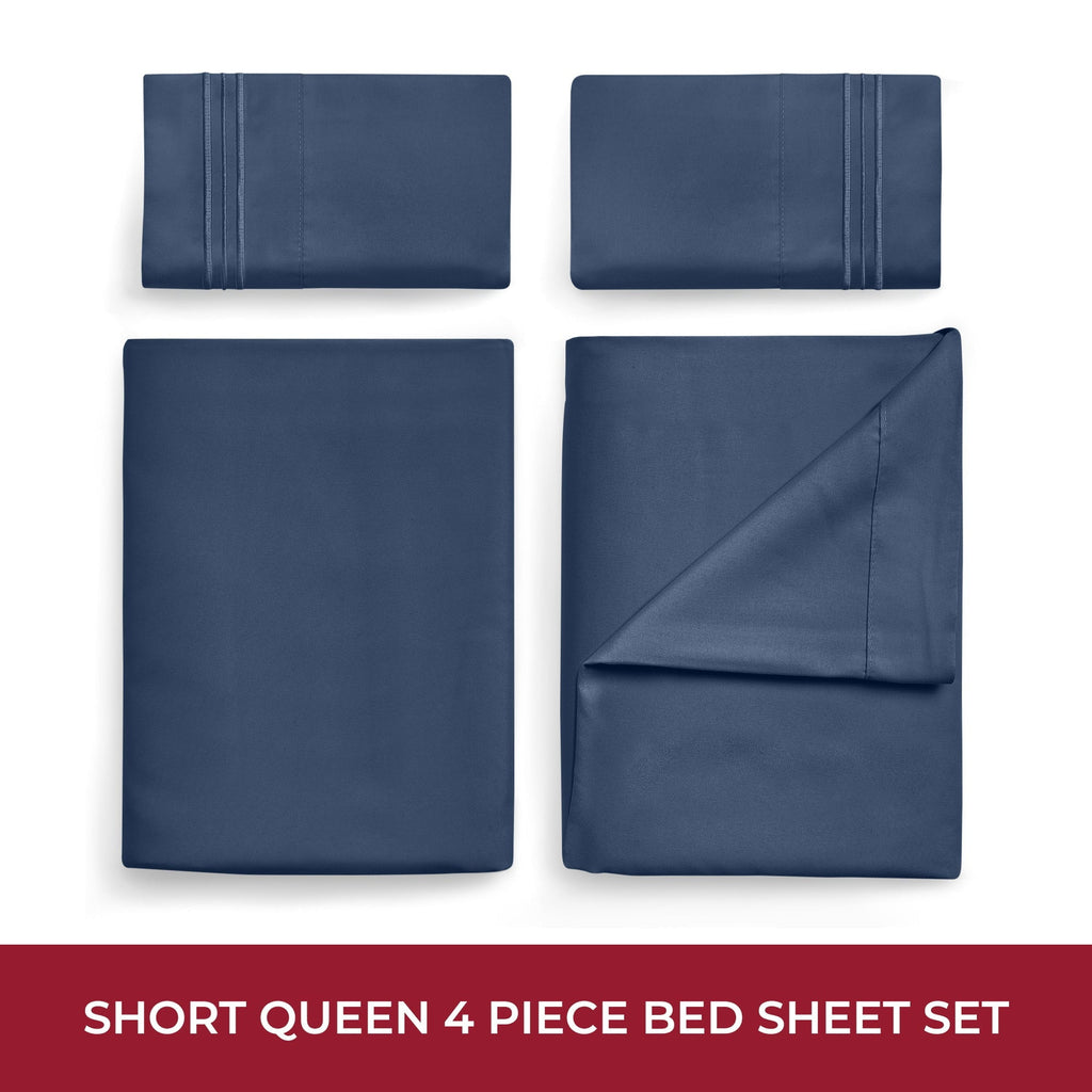 Premium Egyptian Cotton RV Sheets Queen Size Bed Set, Microfiber RV Bunk Bed Sheets, Short Queen, Navy Blue - Luxury Bed Sheet Set with Deep Pockets Detail