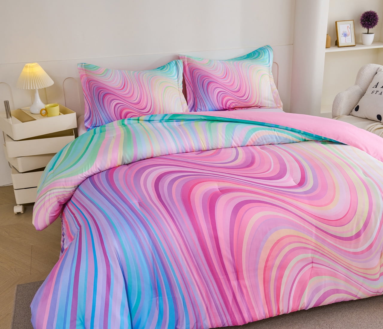 All-Season 3-Piece Abstract Tie Dye Comforter Set, Blue Pink Purple, Kids Bedding Set for Girls Full/Queen Size - Luxurious Quilted Duvet Cover Set Detail