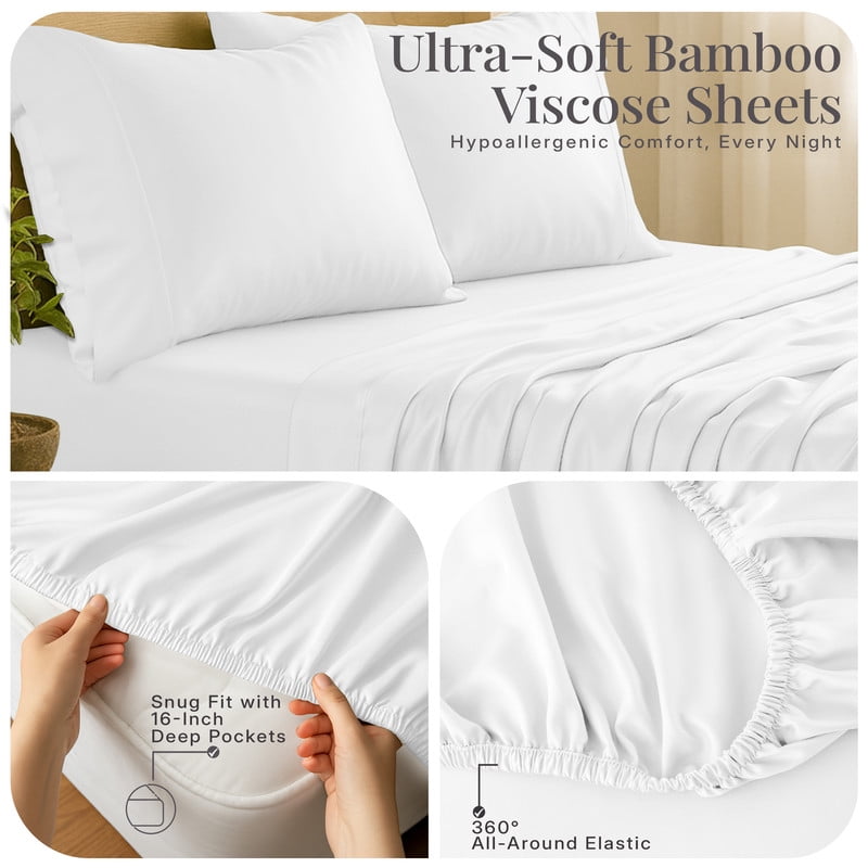 Wrinkle-Resistant Lux Decor 100% Organic Viscose - 4 Piece Ultra-Soft Luxury Cooling Bed Sheets, 16" Deep Pocket, Breathable & Hypoalle... - Breathable Egyptian Cotton Flat & Fitted Sheets Detail