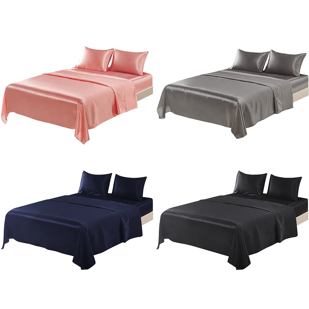 Ultra-Soft Twin Silk Gray Bed Sheet Set Deep Pocket Bed Flat Fitted Sheet, 3-Pieces - Luxury Bed Sheet Set with Deep Pockets Detail