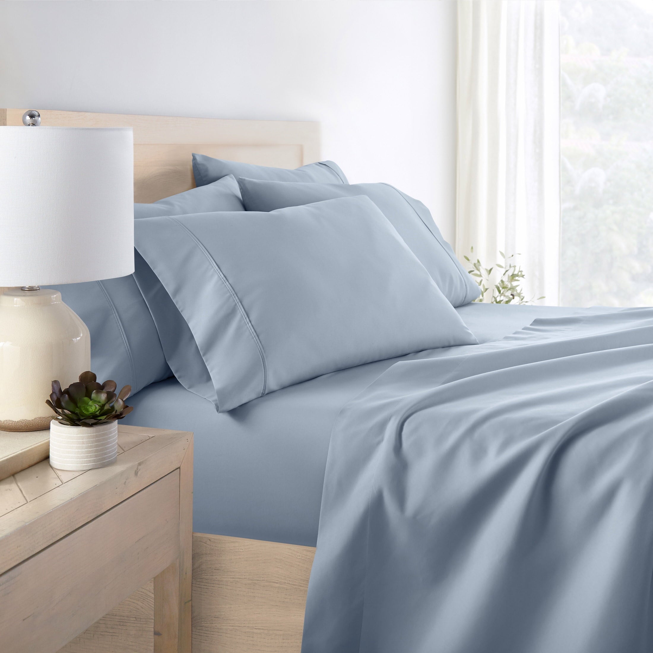 Breathable Luxury Queen, Light Blue Solid Microfiber 6 Piece Bed Sheet Set - Premium Ultra-Soft Pillowcase Pair for Sleeping Detail