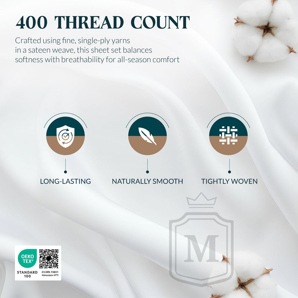 Breathable Luxury 100% Cotton Sheets For Queen Size Bed - Luxury 400 Thread Count Queen Sheet Set, 4 Piece Sateen Weave Queen White Cot... - Cooling Hotel Quality Bedding Sheets and Pillowcases Detail