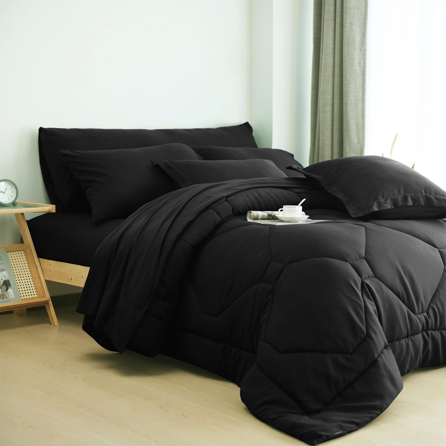Heavyweight Warmth 8 PCS Modern Comforter Set with Sheets All Season Bed in a Bag, Black, Queen Size - Luxurious Quilted Duvet Cover Set Detail