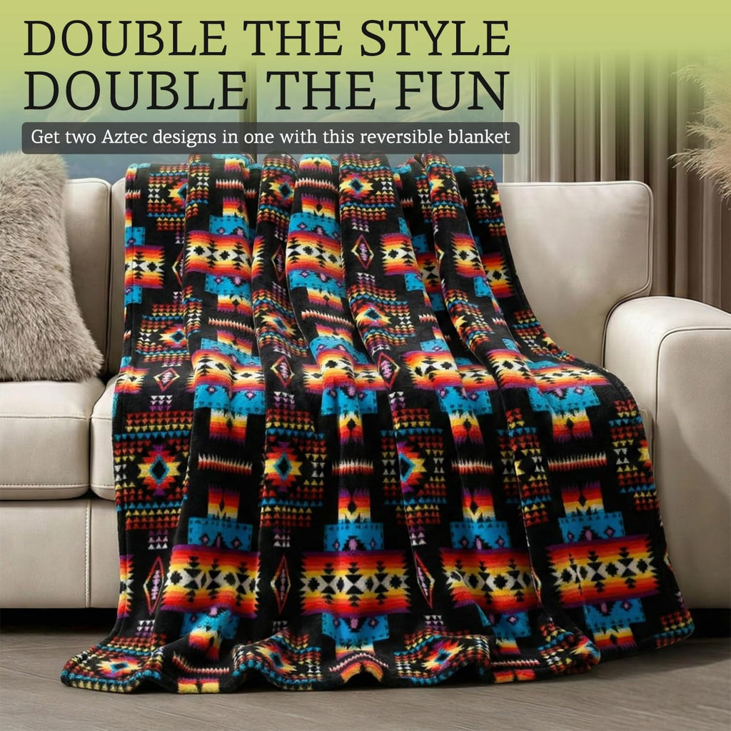 Cozy Fleece Sacred Thread Fleece Blanket South Western, Reversible Mexican, Vibrant Aztec Blankets and Throws for Aztec Decor for... - Luxury Knitted Decorative Throw Blanket with Fringes Detail