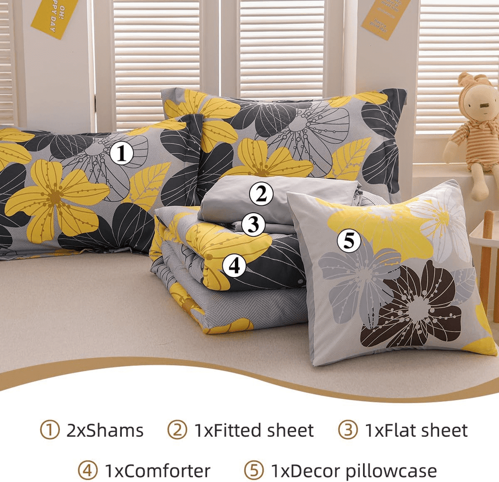 Heavyweight Warmth Yellow Floral Comforter Set Queen Flower Bed Set Adult Soft Botanical Boho Bedding Set - Luxurious Quilted Duvet Cover Set Detail