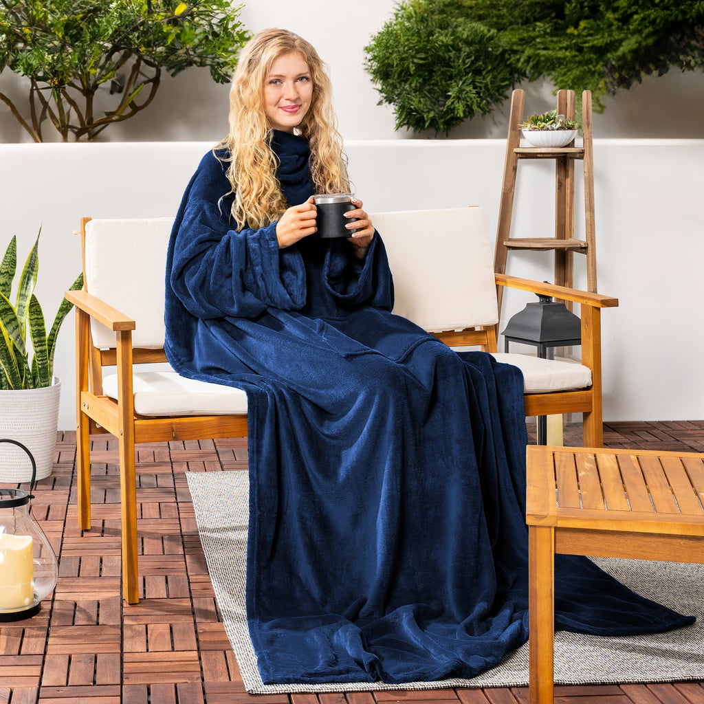 Decorative Knitted Navy Blue Fleece Wearable Blanket with Sleeves for Adults Women Men, Soft Warm Full Body Wrap Throw, Sweatshirt Pocke... - Cozy Fleece Throw Blanket for Couch & Bed Detail