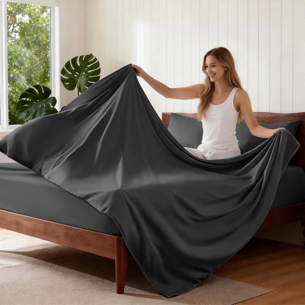 Breathable Luxury Sheets,Soft Hotel Luxury Polyester Washed Cotton,4 Piece Sheets Set,with 14" Deep Pocket,Dark Gray - Luxury Bed Sheet Set with Deep Pockets Detail