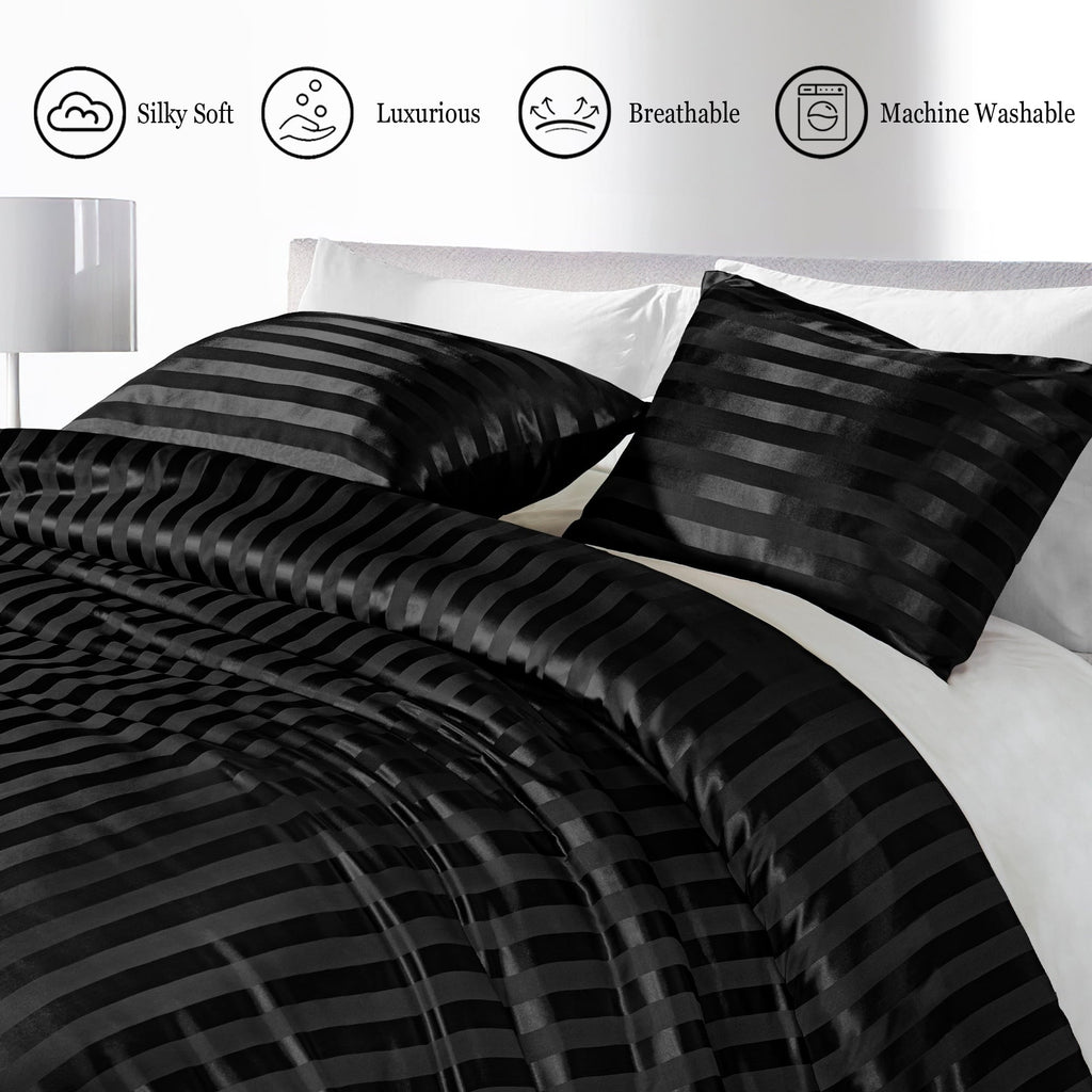 Fluffy Down Alternative 3-Piece Reversible Silky Soft King Size Comforter Set, Luxury Stripe Satin Oversized Comforter Bedding Set with 2 Sat... - All-Season Down Alternative Comforter Insert Detail