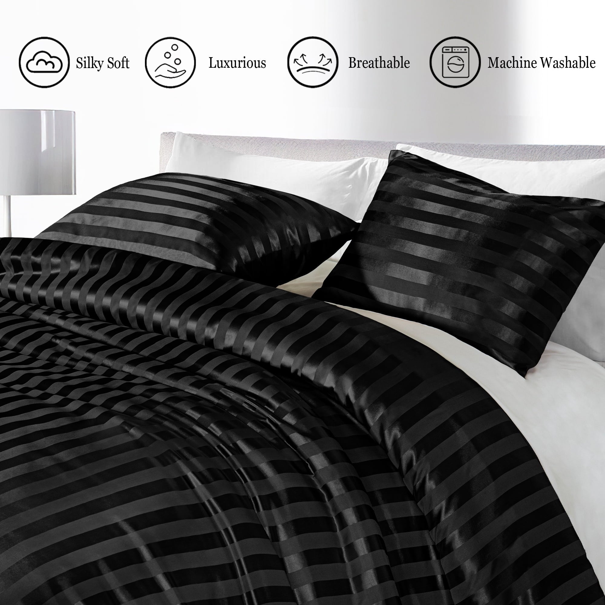 Fluffy Down Alternative 3-Piece Reversible Silky Soft King Size Comforter Set, Luxury Stripe Satin Oversized Comforter Bedding Set with 2 Sat... - All-Season Down Alternative Comforter Insert Detail