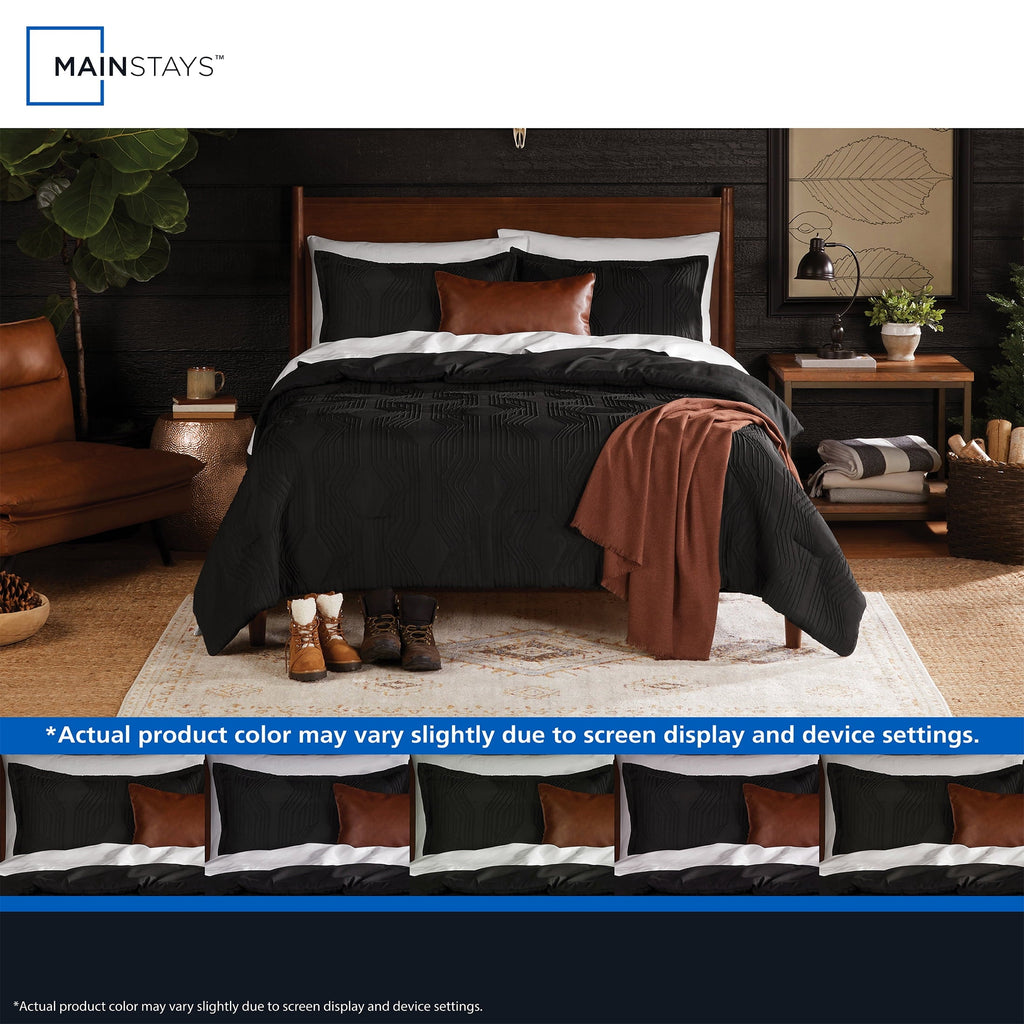 Luxurious Quilted Full/Queen Comforter Set, All-Season, 5-Piece, Black Jacquard Geo - Luxurious Quilted Duvet Cover Set Detail