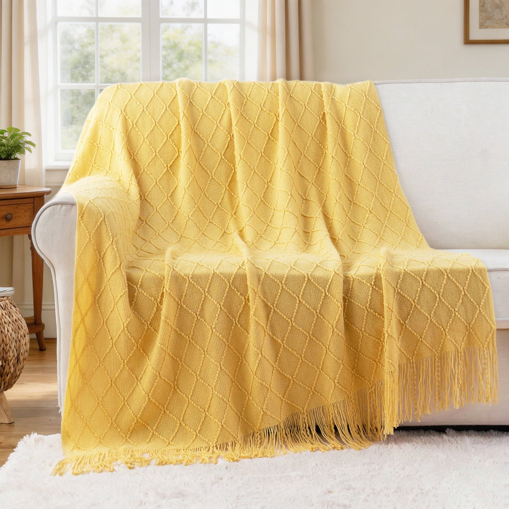Reversible Sherpa Mustard Throw Blanket for Couch,Gold Yellow Knit Throw with Fringe,Outdoor Throw ,50"x60" - Lightweight Plush Warm Blanket for All Seasons Detail