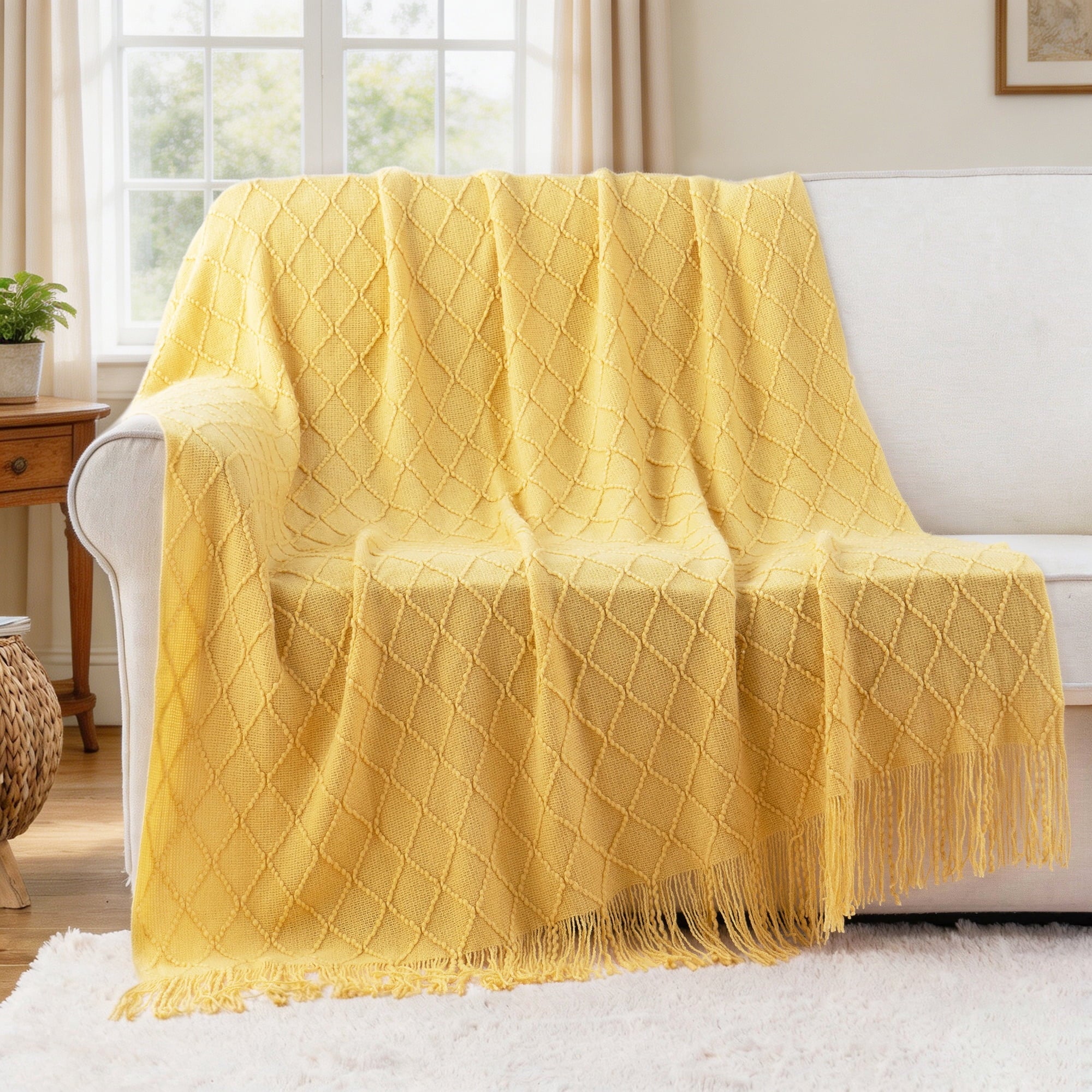 Reversible Sherpa Mustard Throw Blanket for Couch,Gold Yellow Knit Throw with Fringe,Outdoor Throw ,50"x60" - Lightweight Plush Warm Blanket for All Seasons Detail