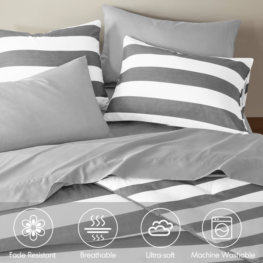 Heavyweight Warmth Full/Queen Size Comforter Sets, 3-Piece Bedding Set Full/Queen, Reversible Striped Comforter Bed Set, Charcoal - Cloud-Like Soft Lightweight Bed Comforter Detail