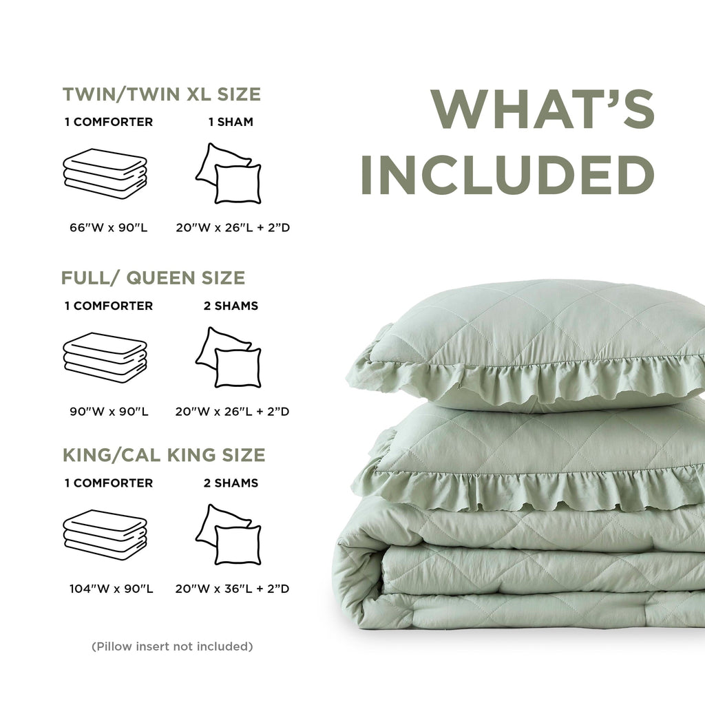 Heavyweight Warmth Full/Queen Comforter Set Sage, 3 Pieces Quilted Ruffle Comforters Full/Queen Size, Solid Bedding Comforters Sets, Gif... - Luxurious Quilted Duvet Cover Set Detail