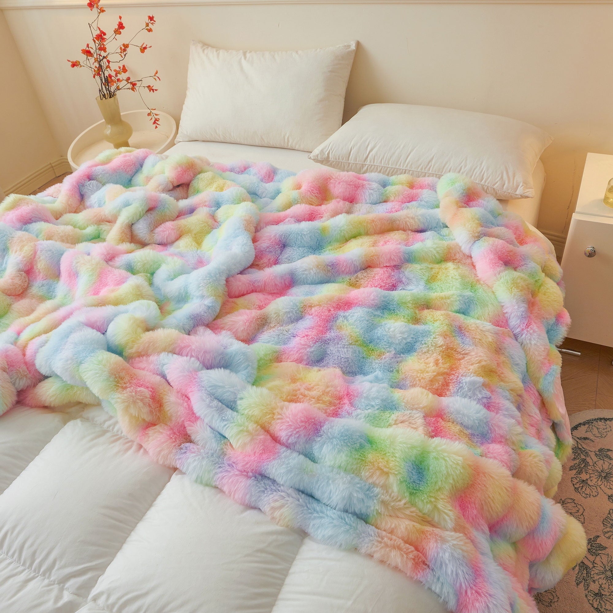Lightweight Warm Fluffy Faux Rabbit Fur Bubble Throw, Rainbow Plush Shaggy Blanket for Couch Sofa Chair, Soft Tie Dye Furry Blanket Ad... - Cozy Fleece Throw Blanket for Couch & Bed Detail
