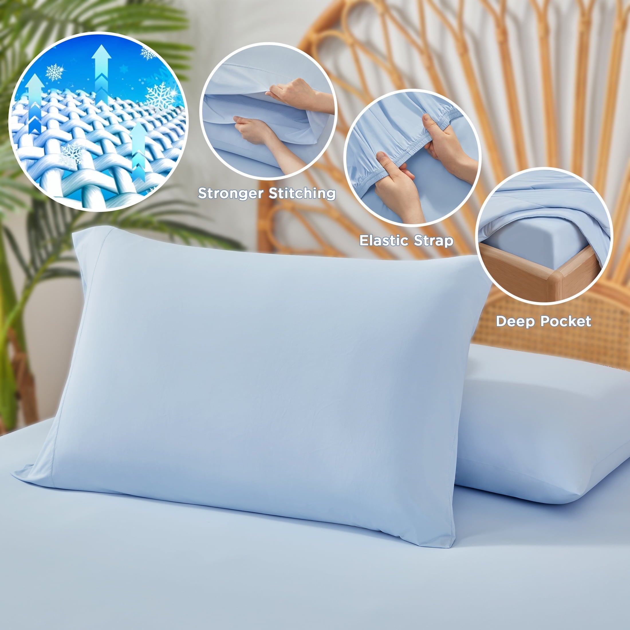Cooling Sateen Full/QueenSize Sheet Set, 3 Piece Cooling Bed Sheet with Deep Pocket for Hot Sleepers, Ice Blue - Cooling Hotel Quality Bedding Sheets and Pillowcases Detail