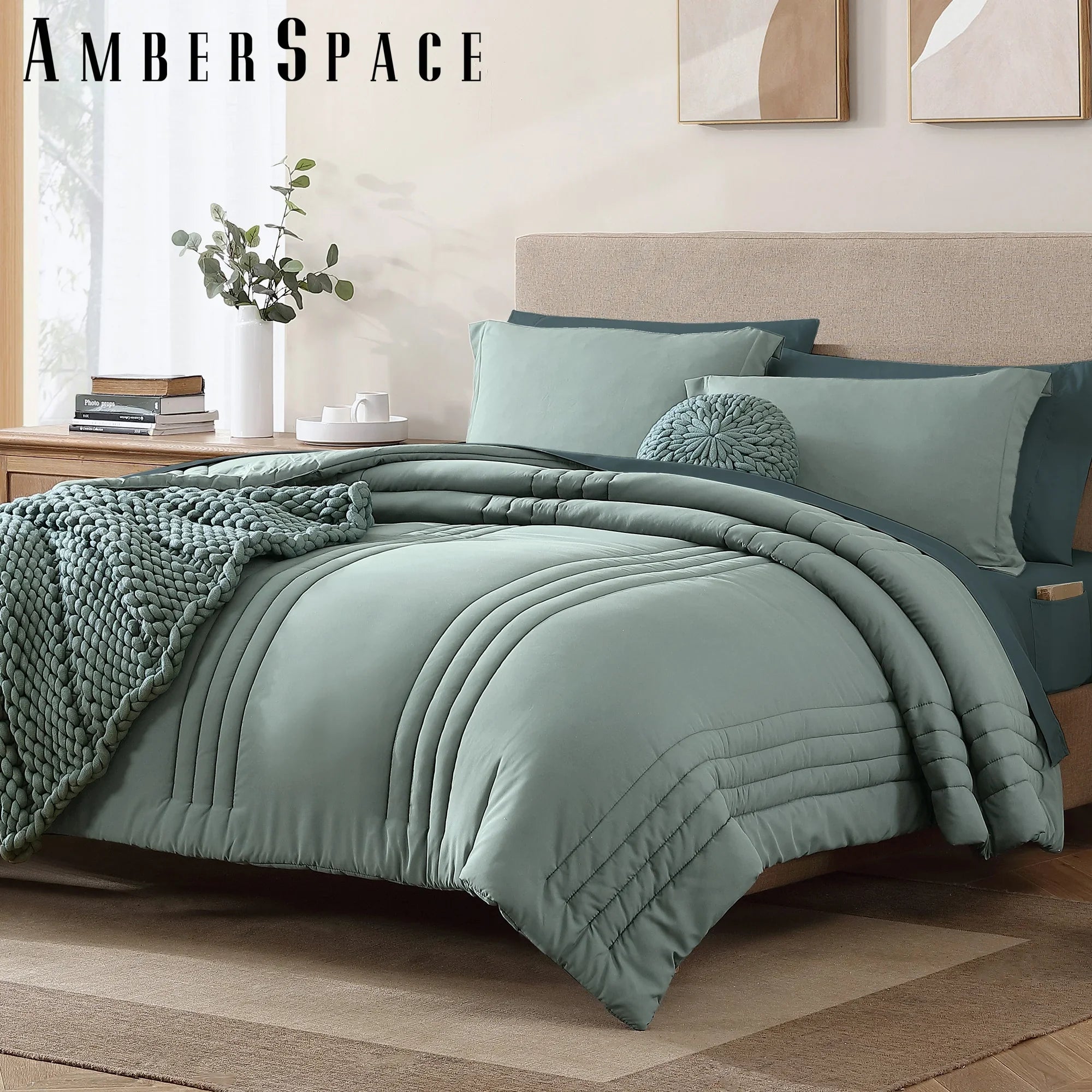 Luxurious Quilted 7-piece Bed in a Bag Comforter Set with Sheets,Sage Green,Full - Luxurious Quilted Duvet Cover Set Detail