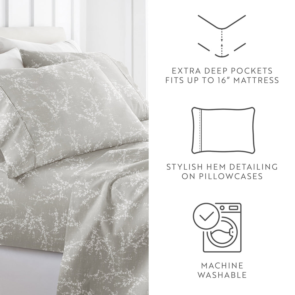 Breathable Luxury 3 Piece Pattern Microfiber Bed Sheets Set, Distressed Willow Light Gray, Twin - Cooling Hotel Quality Bedding Sheets and Pillowcases Detail