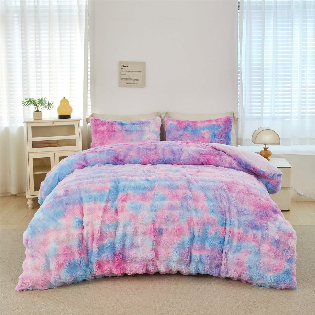 Heavyweight Warmth Faux Rabbit Fur Comforter Set Twin 3Pcs Girls Blue Purple Bedding Set Tie-Dyeing Soft Bed Comforter Set Warm Fuzzy Ki... - All-Season Down Alternative Comforter Insert Detail