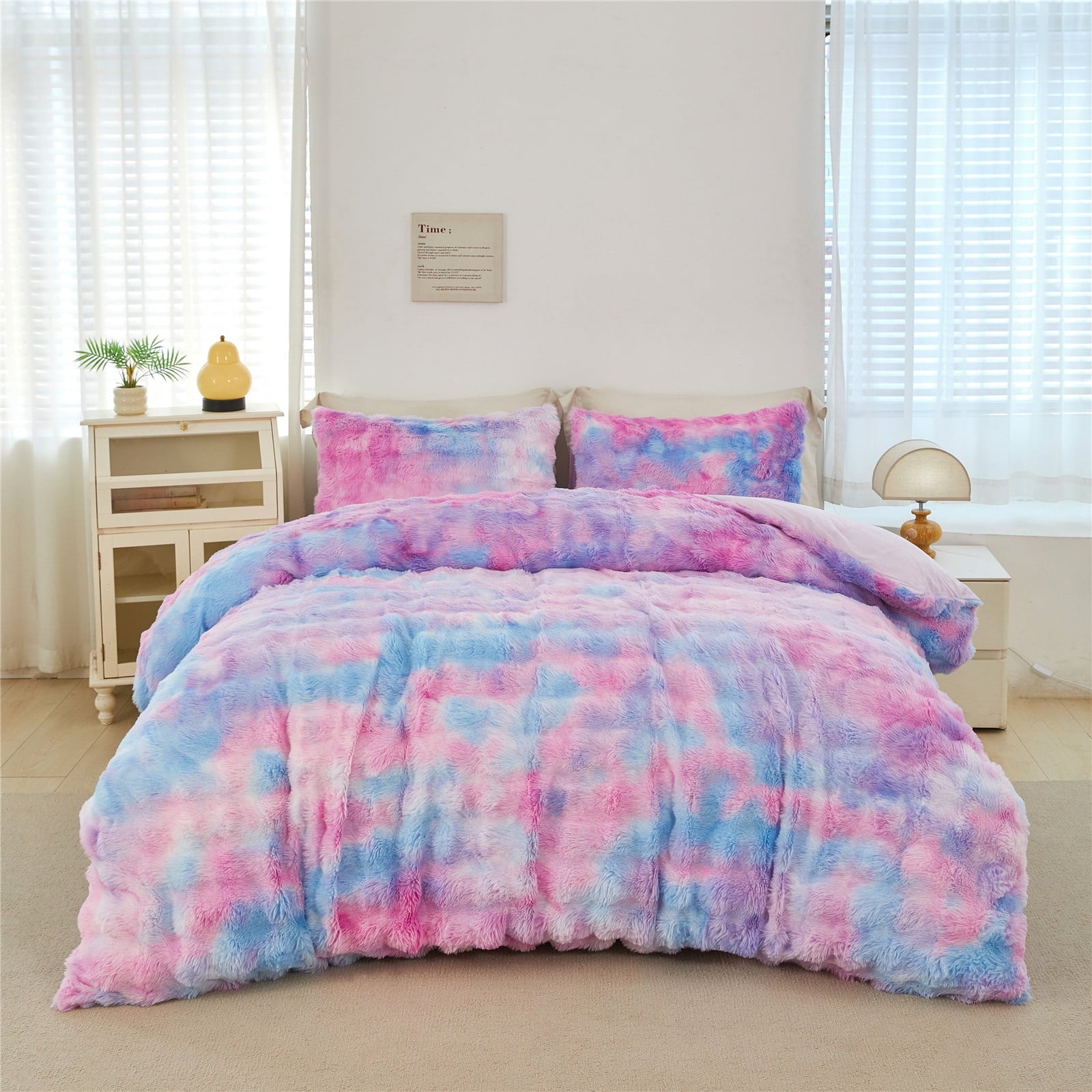 Heavyweight Warmth Faux Rabbit Fur Comforter Set Twin 3Pcs Girls Blue Purple Bedding Set Tie-Dyeing Soft Bed Comforter Set Warm Fuzzy Ki... - All-Season Down Alternative Comforter Insert Detail