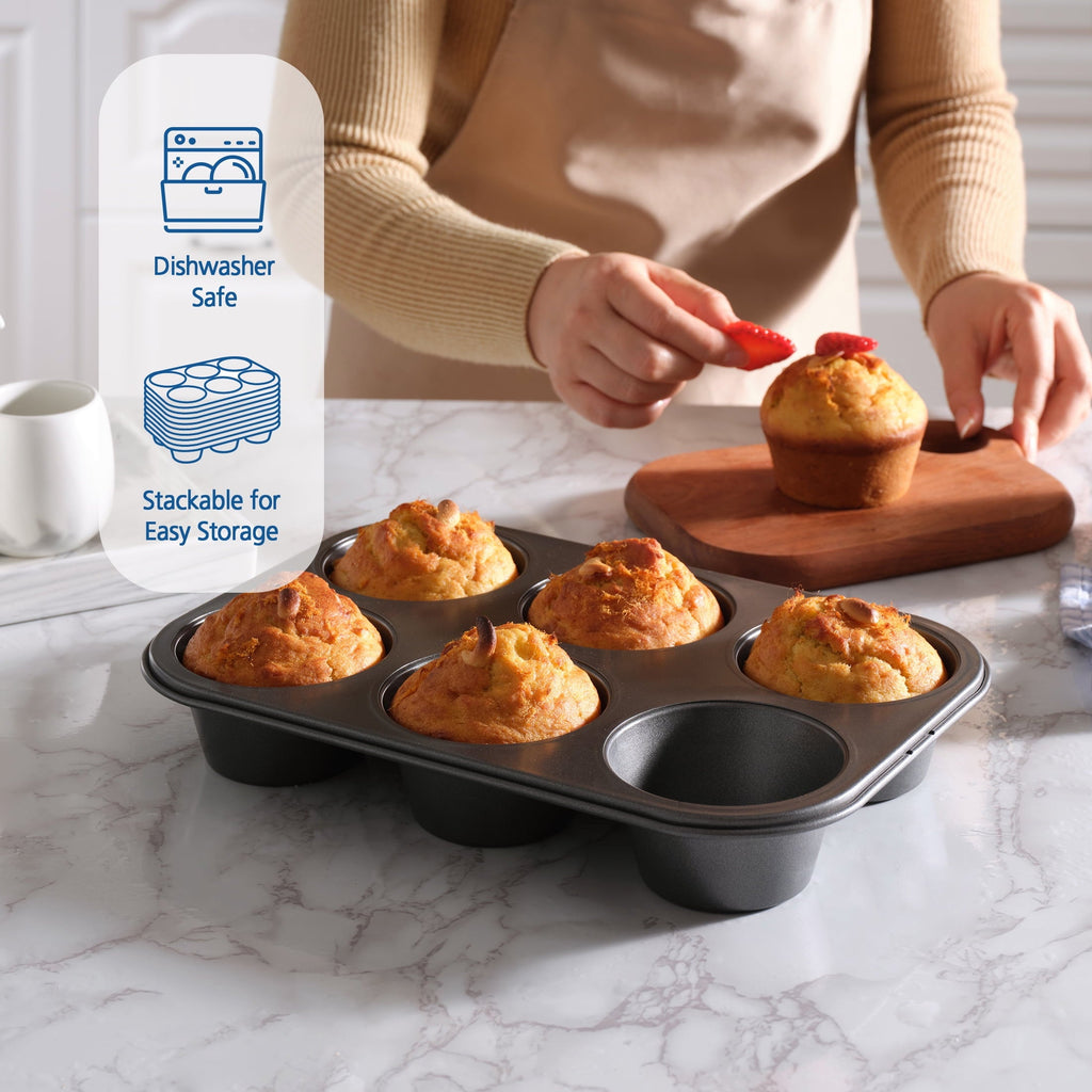 Multi-Functional 6 Cup Jumbo Muffin Pan, Non-Stick Bakeware,3.4 inch Diameter Cups,Gray,Carbon Steel - Kitchen Gadget Tool for Quick Food Prep Detail