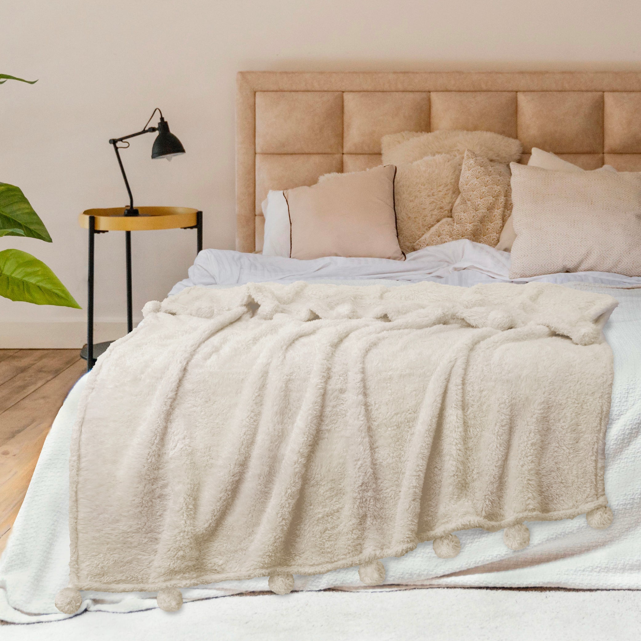 Lightweight Warm Ivory Cream Sherpa Throw Blanket with Soft Pom Pom Fringe, Plush Cozy Warm Blankets for Couch Bed Sofa, Fuzzy Fleece ... - Super Soft Reversible Sherpa Flannel Blanket Detail