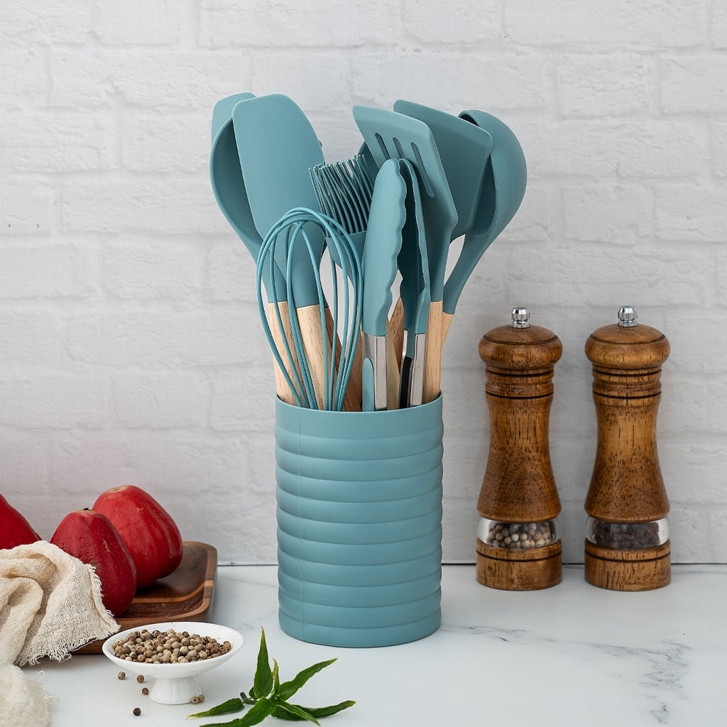 Ergonomic Cooking Small Silicone Cooking Utensils with Holder Set (12Pack), Aqua Kitchen Tools with Wooden Handle for Nonstick... - Durable Turner & Ladle Utensil Set for Home Chefs Detail