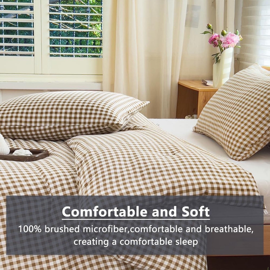 Fluffy Down Alternative Tan Gingham Queen Comforter Set, Taupe Plaid Bedding Set, Checked Bed Comforter 3 Pieces(Tan Gingham, Queen) - Hypoallergenic Ultra-Fluffy Quilt for Winter Detail