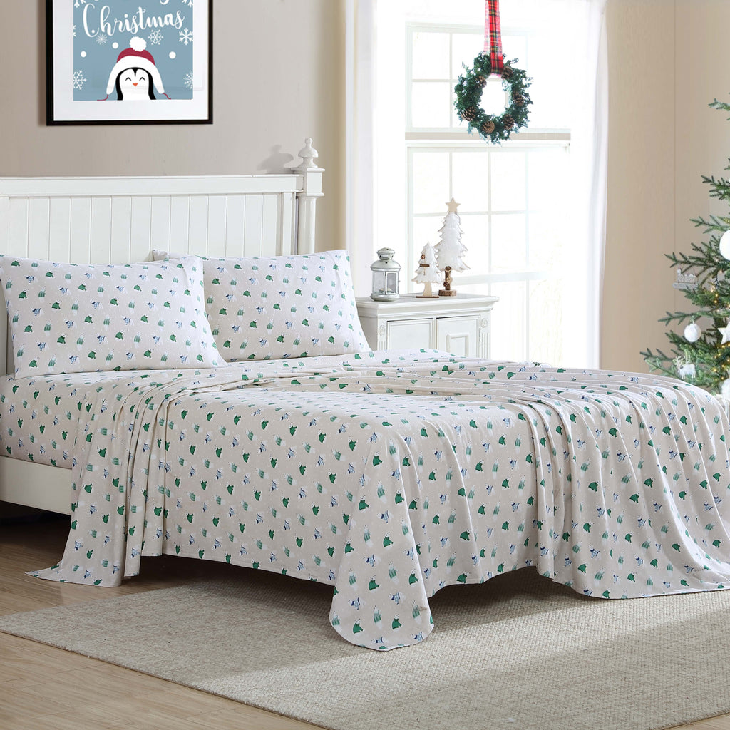 Premium Egyptian Cotton Winter Nights Cotton Flannel Sheet Set, King, Holiday Bears - Breathable Egyptian Cotton Flat & Fitted Sheets Detail