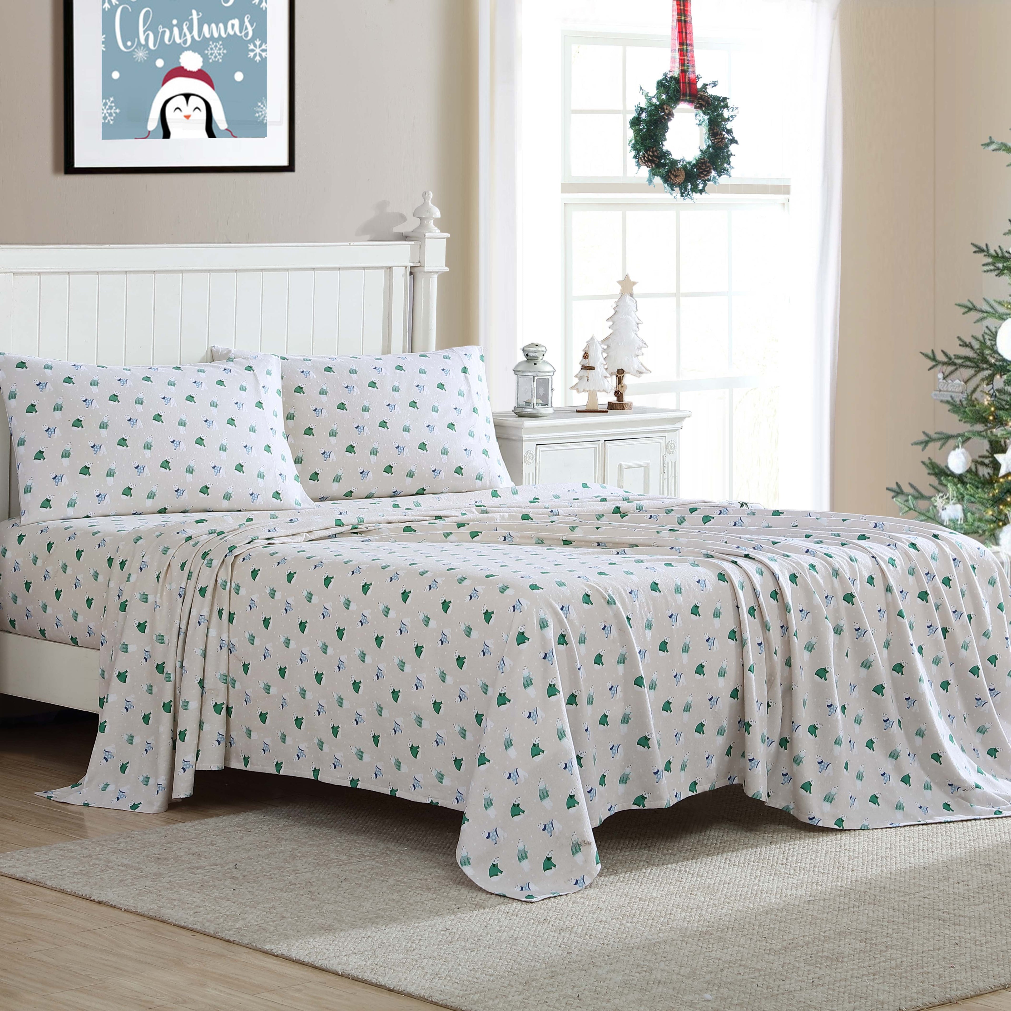 Premium Egyptian Cotton Winter Nights Cotton Flannel Sheet Set, King, Holiday Bears - Breathable Egyptian Cotton Flat & Fitted Sheets Detail
