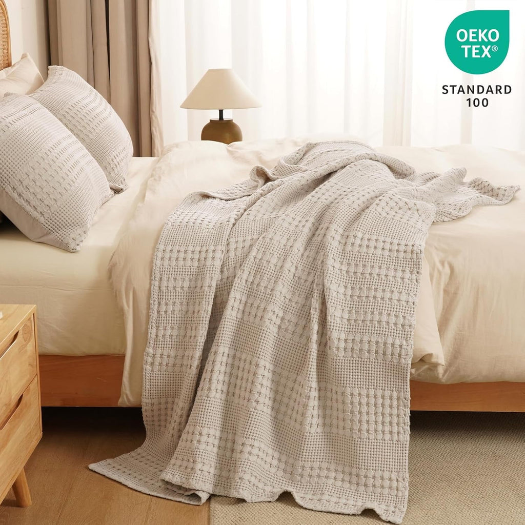 Cozy Fleece 100% Cotton Waffle Weave Blanket, Lightweight Throw Washed Blanket for Bed Sofa Home Decor, Oatmeal, 50"x60" - Lightweight Plush Warm Blanket for All Seasons Detail