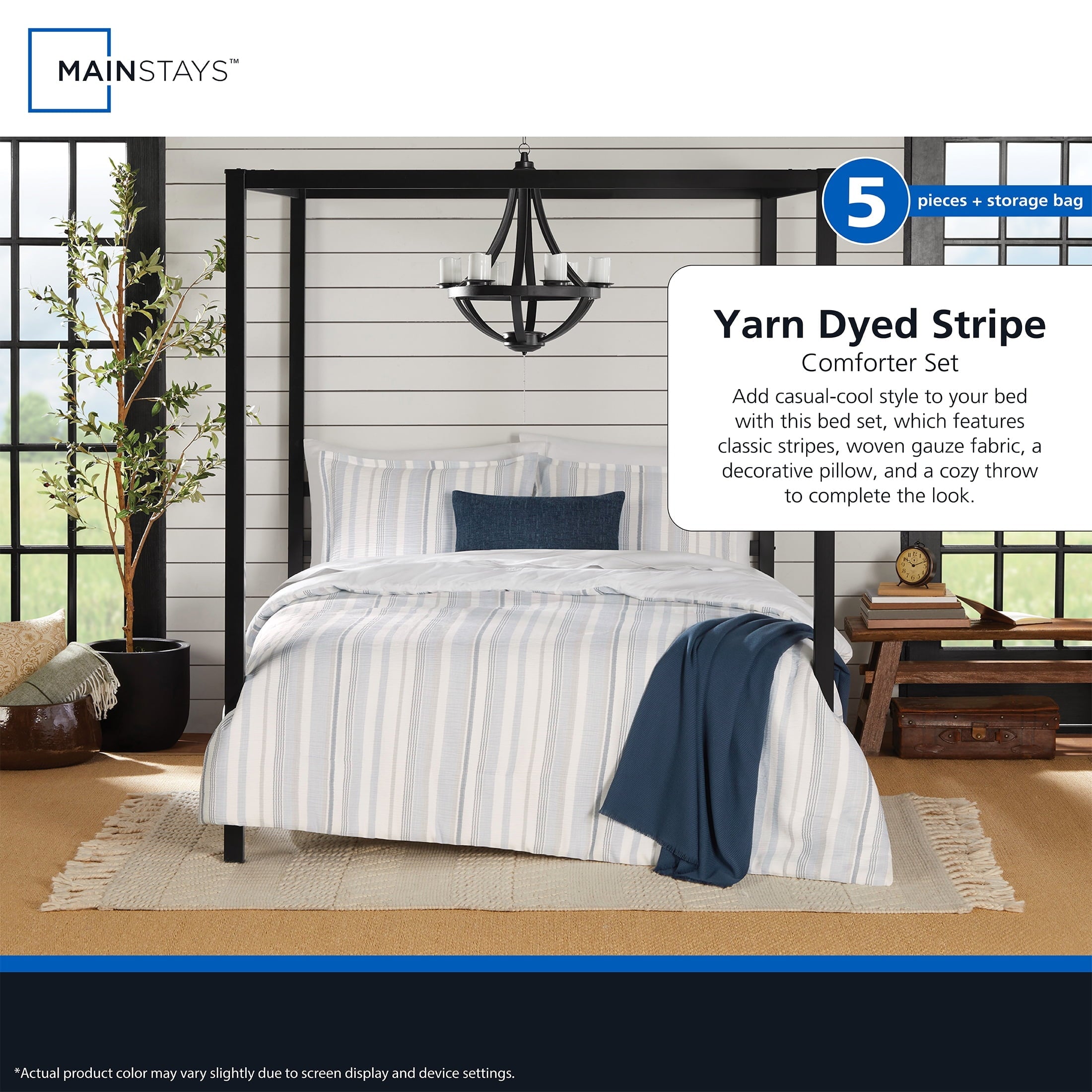 All-Season Full/Queen Comforter Set, All-Season, 5-Piece, Blue Yarn Dyed Stripe - All-Season Down Alternative Comforter Insert Detail