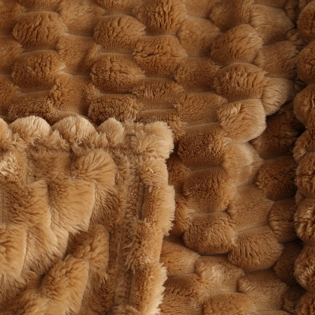 Cozy Fleece Textured Velvet Plush Oversized Throw Blanket in Dark Caramel - Lightweight Plush Warm Blanket for All Seasons Detail