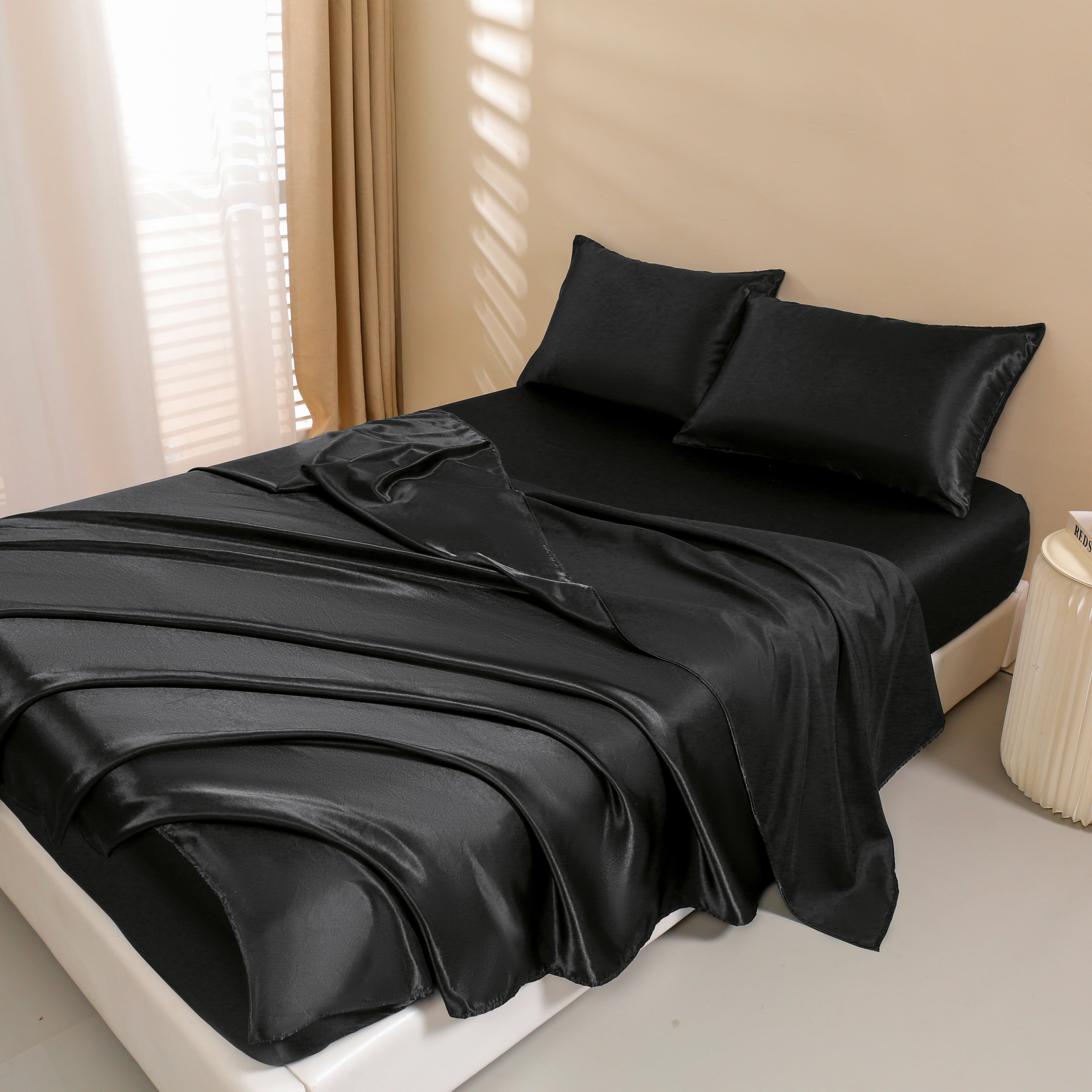 Wrinkle-Resistant 4Pcs Black Satin Sheets Queen Set Silk Sheets 13" Deep Pocket Ultra Soft silky Bed Sheet Set - Breathable Egyptian Cotton Flat & Fitted Sheets Detail