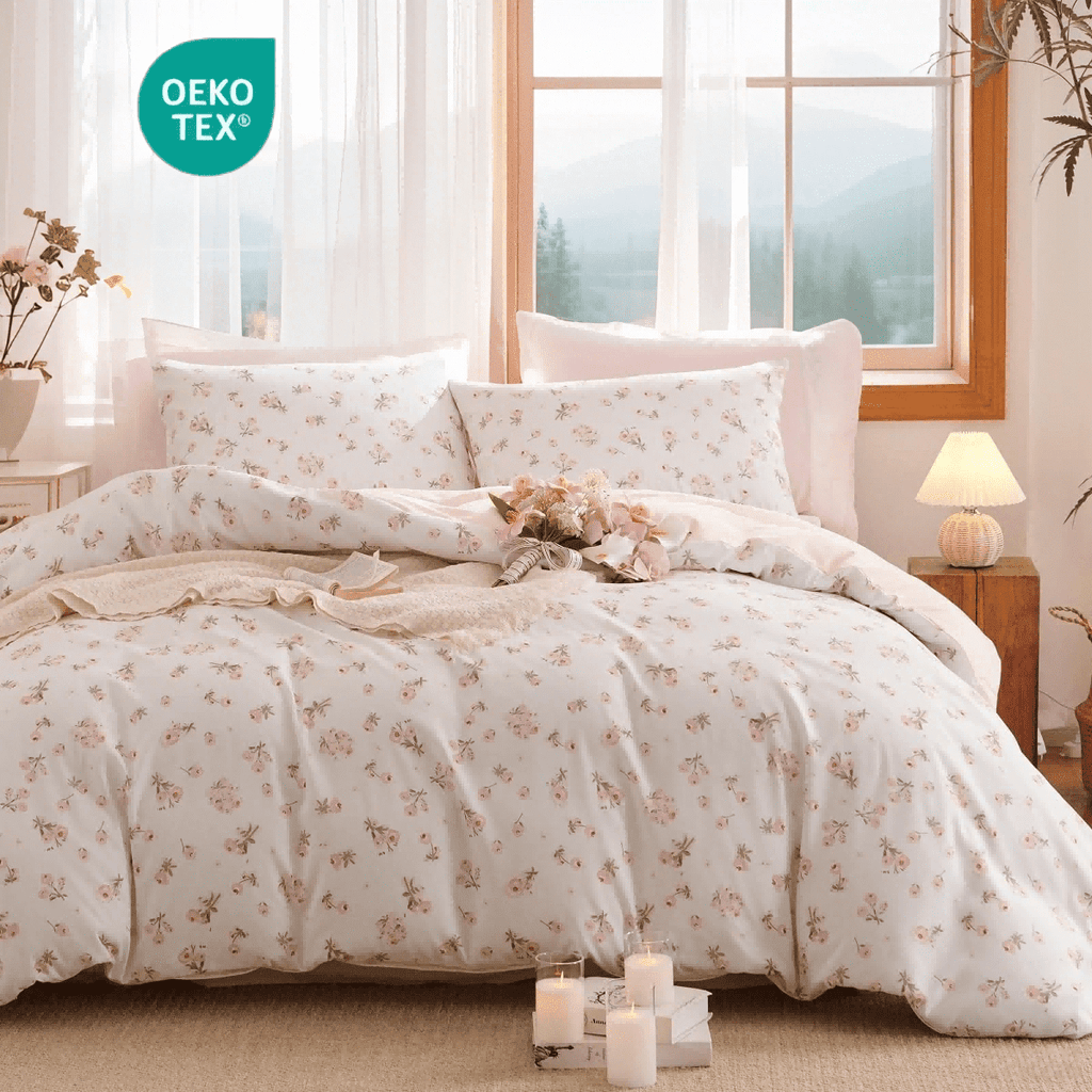 Luxurious Quilted Pink loyalty Floral Comforter Queen Sets, 3 Pieces Chic Botanical Pink White Floral Reversible Comforter for All Season - Cloud-Like Soft Lightweight Bed Comforter Detail