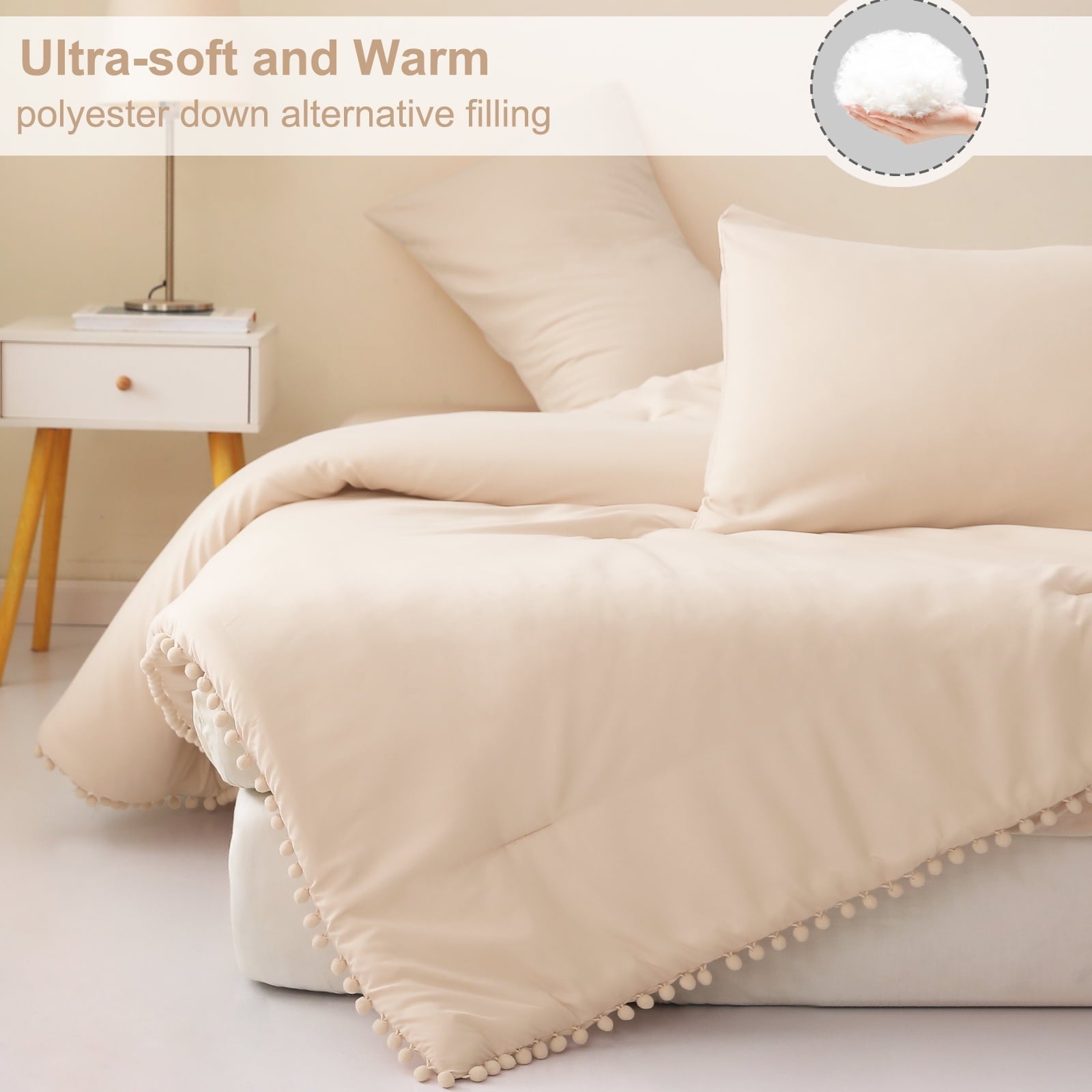 Hypoallergenic Cloud Boho Pom Pom Ball Fringe King Size Comforter Set, 3 Pieces Beige Lightweight Down Alternative Bedding Comforter Sets ... - Hypoallergenic Ultra-Fluffy Quilt for Winter Detail