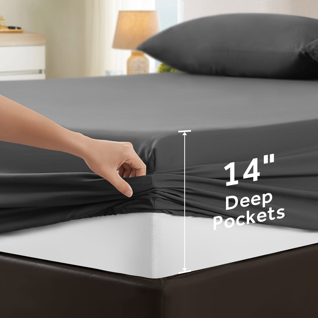 Breathable Luxury Sheets,Soft Hotel Luxury Polyester Washed Cotton,4 Piece Sheets Set,with 14" Deep Pocket,Dark Gray - Luxury Bed Sheet Set with Deep Pockets Detail