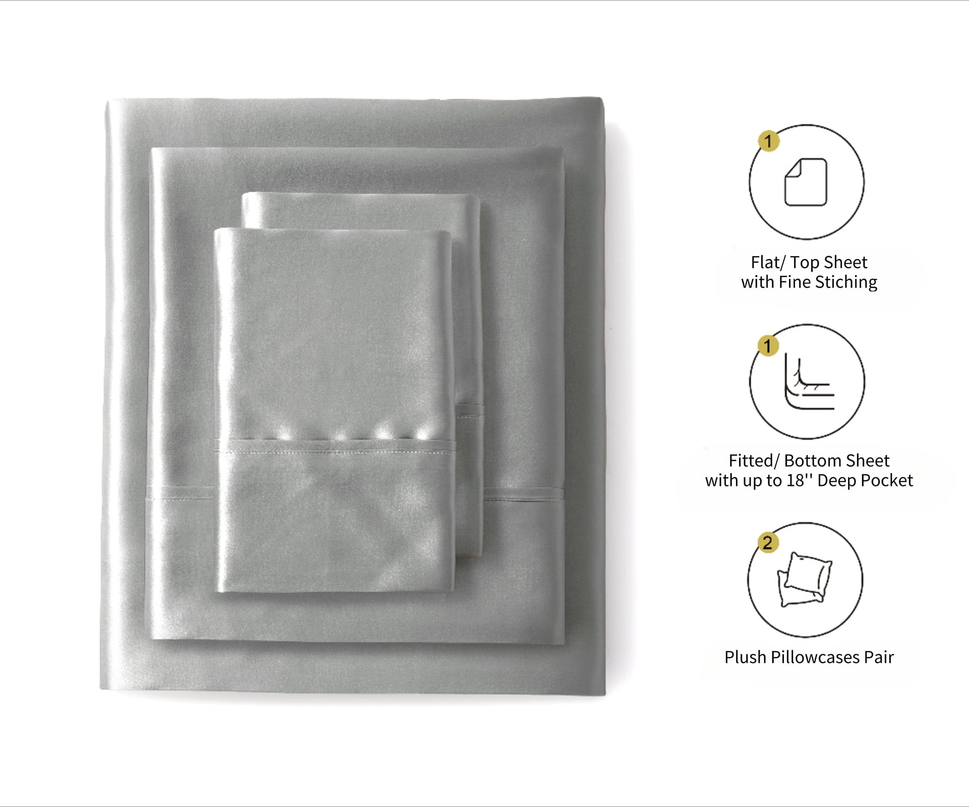 Wrinkle-Resistant Luxury Satin Sheets Set Full Size Light Gray, 4-Piece Bedding Sets with Deep Pockets - Soft and Smooth Satin Bed Shee... - Luxury Bed Sheet Set with Deep Pockets Detail