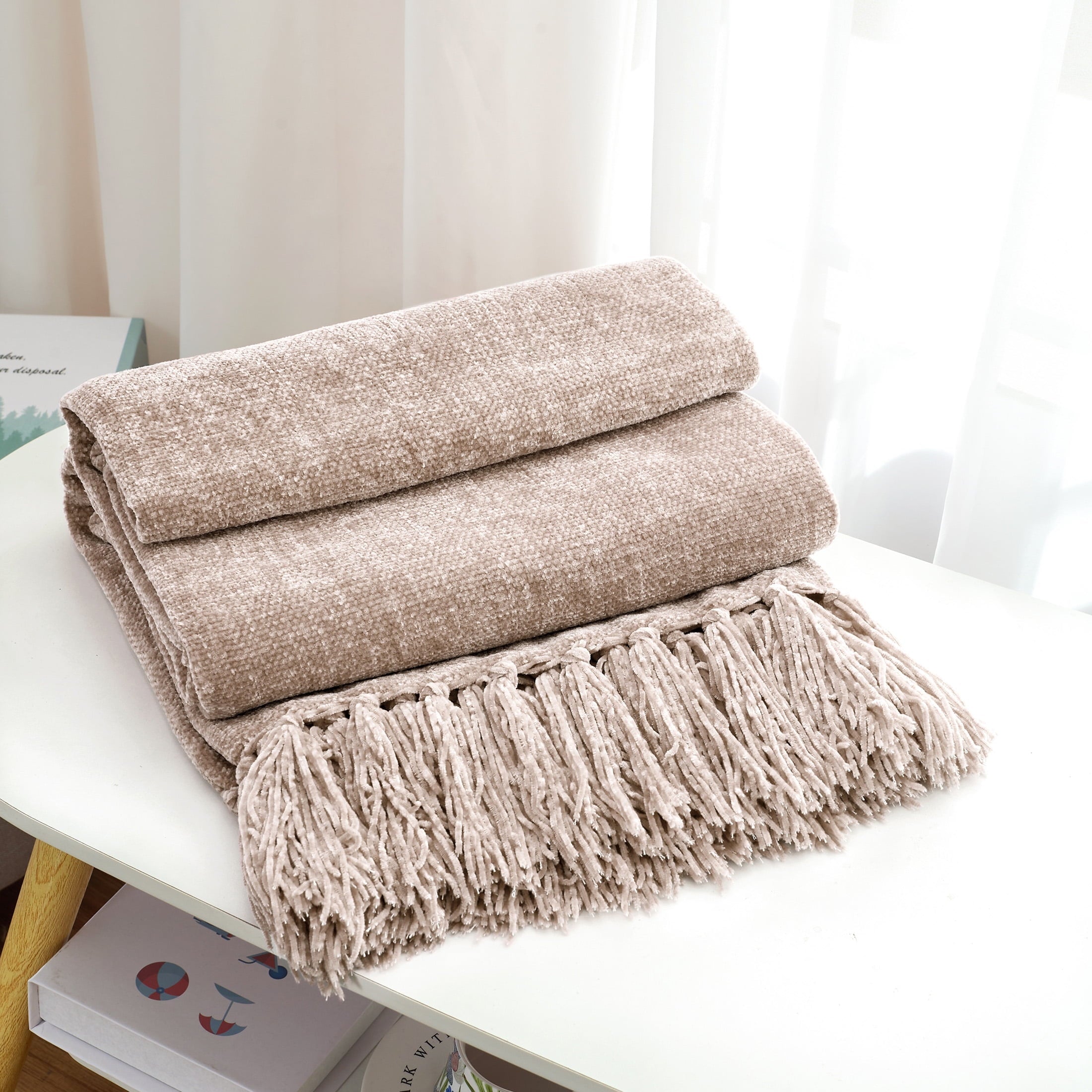 Reversible Sherpa Chenille Throw Blanket with Fringe Tassel for Couch Sofa Chair Bed, Taupe 50" X 60" - Cozy Fleece Throw Blanket for Couch & Bed Detail