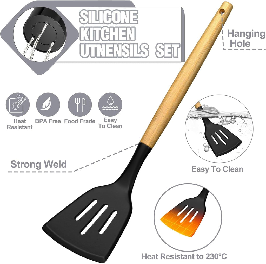 Ergonomic Cooking Kitchen Utensil Set, 34Pieces Silicone Cooking Utensil Set with Wooden Handle, Heat Resistant Spatula Set Gadg... - Heat-Resistant Silicone Cooking Spatula Turner Detail
