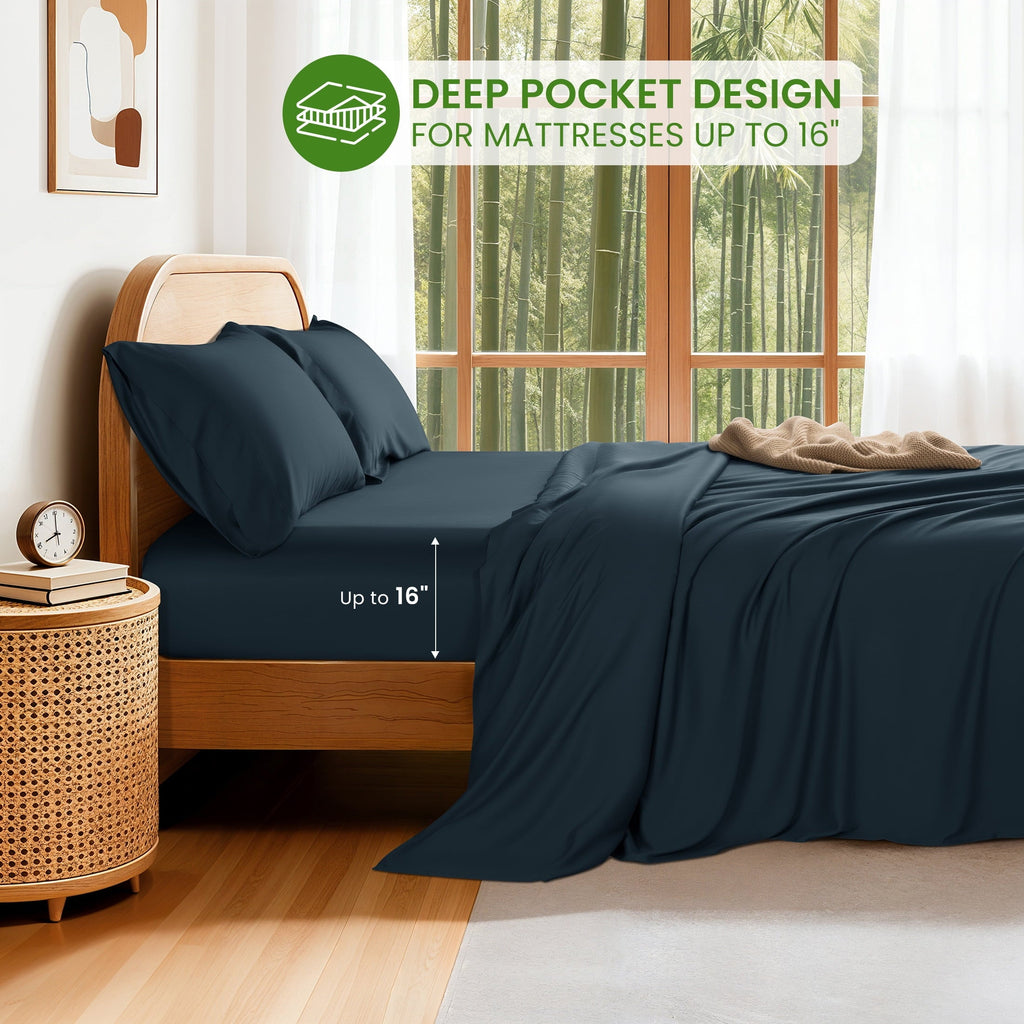Wrinkle-Resistant 100% Organic Luxurious Bamboo Sheets, Queen Sheet Set 4-Piece with 16" Deep Pocket, Silky Smooth Luxury Bed Sheets, N... - Breathable Egyptian Cotton Flat & Fitted Sheets Detail