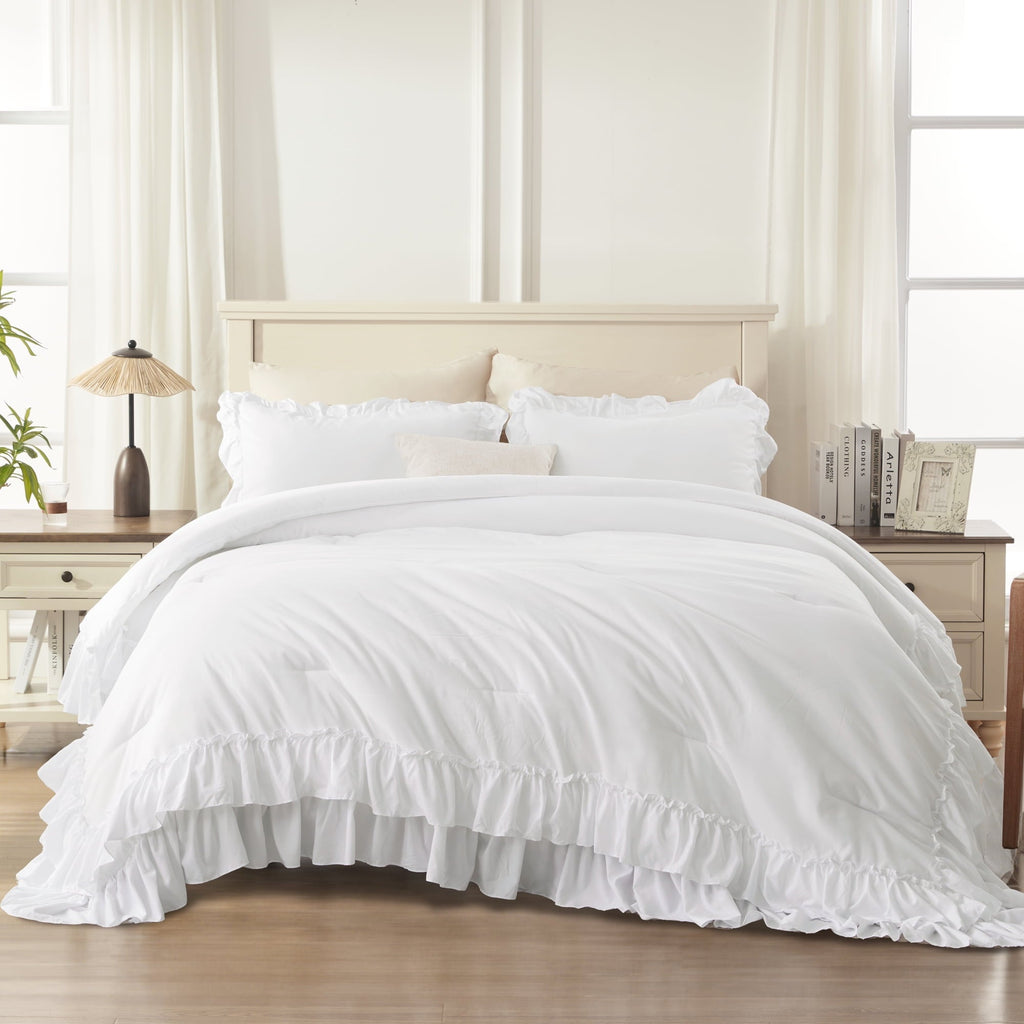 Heavyweight Warmth Queen Comforter Set White - 3 Pieces Soft Fluffy Ruffle Bedding Comforter Sets for Queen Bed, All Season Farmhouse Li... - All-Season Down Alternative Comforter Insert Detail