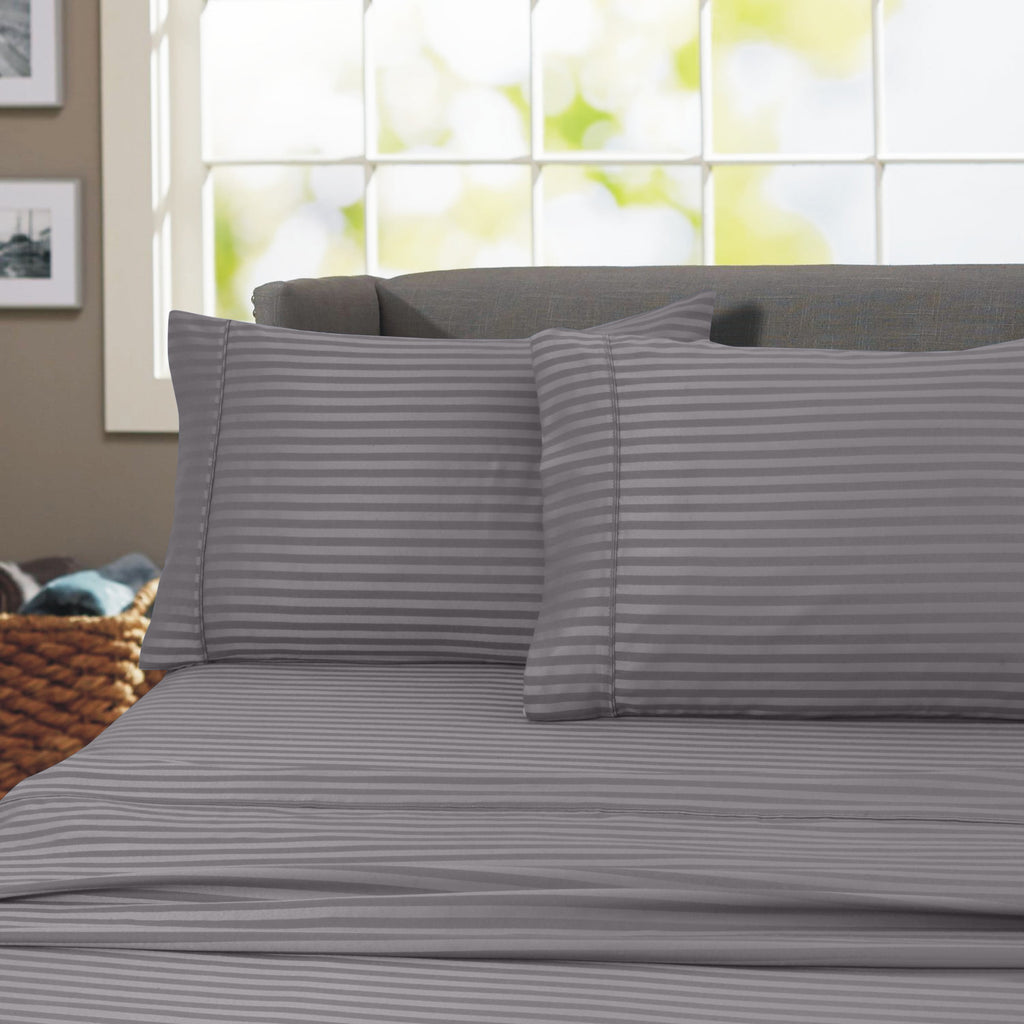 Wrinkle-Resistant 600 100% Cotton Wrinkle Free Striped Sheet Set (Twin, Gray) - Premium Ultra-Soft Pillowcase Pair for Sleeping - Default Title