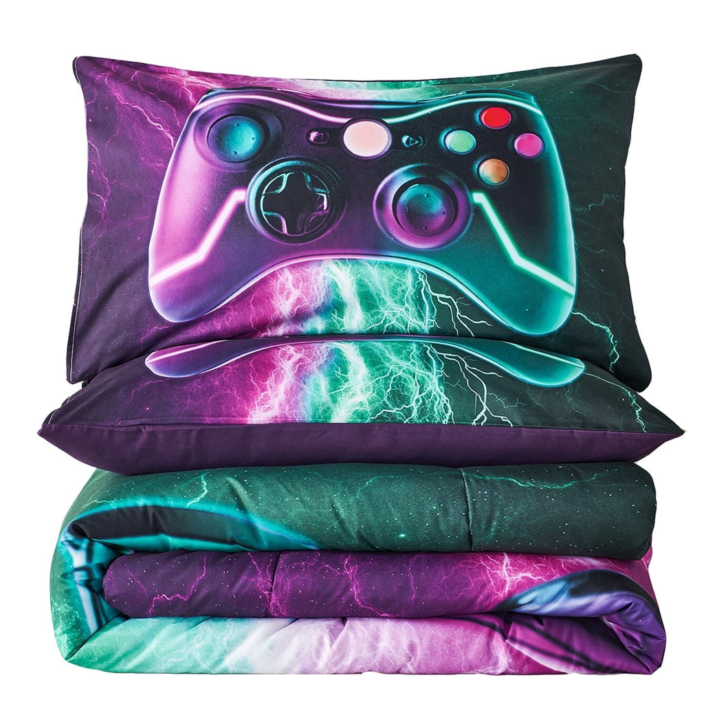 Fluffy Down Alternative Queen Size Gaming Comforter Set for Boys,3-Piece 3D Green Purple Lightning Game Controller Bedding Set for Kids Teens - Luxurious Quilted Duvet Cover Set Detail