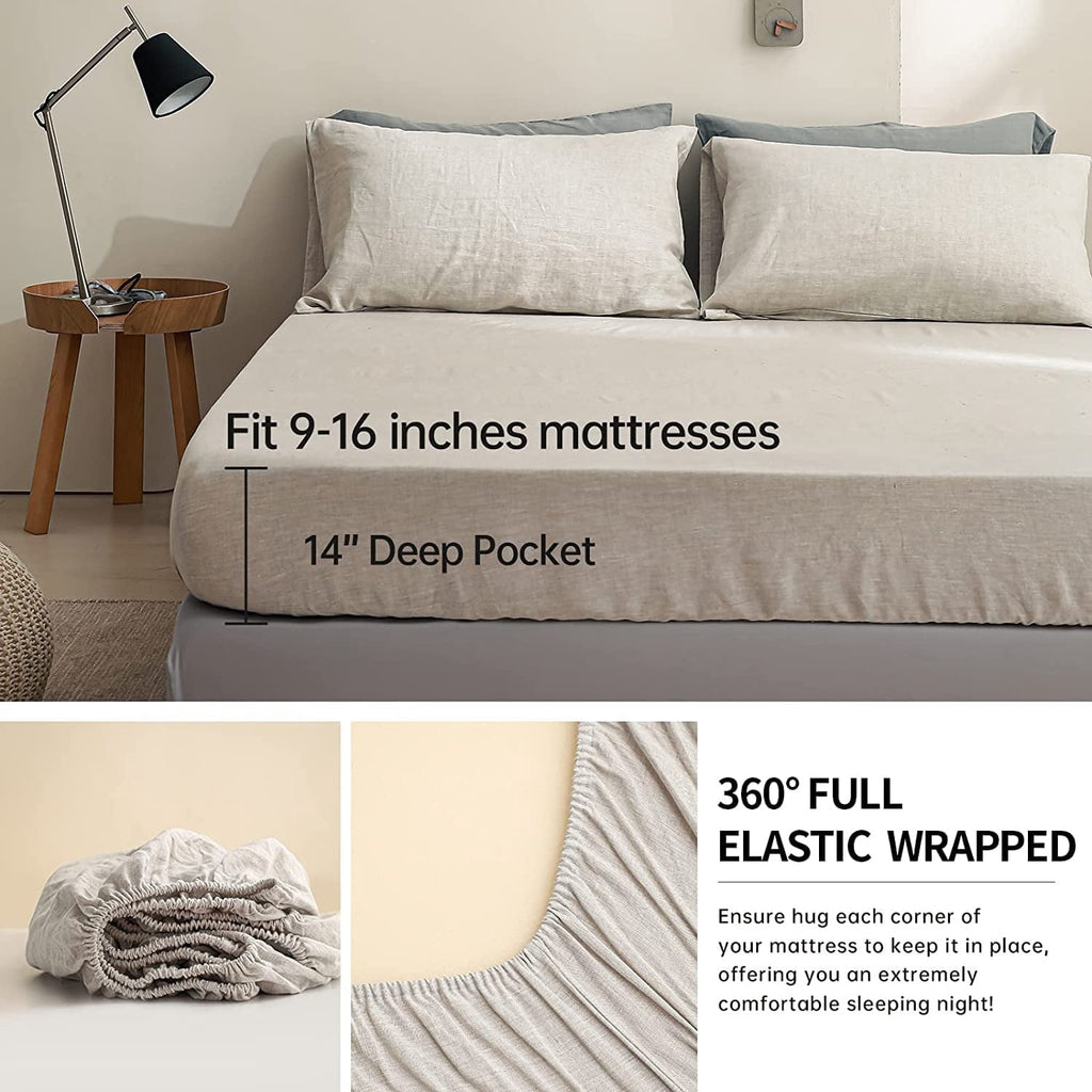 Premium Egyptian Cotton 100% Linen Sheet Set Solid Color-4 Pcs Washed French Linen Bed Sheets(1 Flat Sheet,1 Fitted Sheet,2 Pillowcases)-Brea... - Cooling Hotel Quality Bedding Sheets and Pillowcases Detail