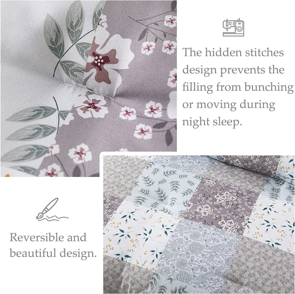 All-Season 3-Piece Queen Comforter Set, Soft Reversible Bedding Comforter Sets, Patchwork Printed Down Alternative Comforter Duv... - Cloud-Like Soft Lightweight Bed Comforter Detail