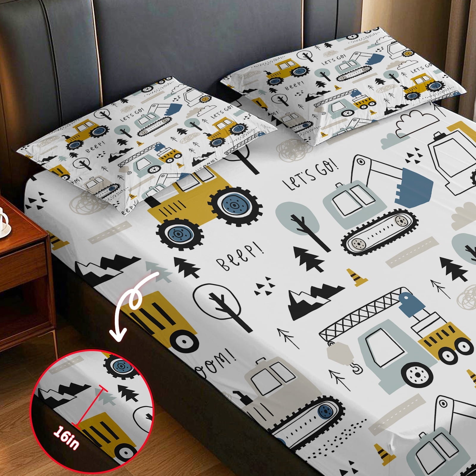 Wrinkle-Resistant Cartoon Excavator Sheet Set for Kids Boys Truck Construction Bedding Set Engineering Vehicle Bed Sheet Sets with 1 Fi... - Breathable Egyptian Cotton Flat & Fitted Sheets Detail