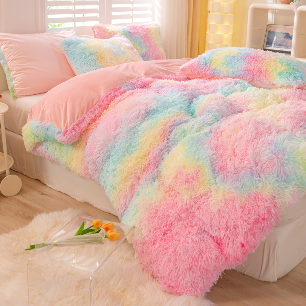 All-Season 3Pcs Pink Faux Fur Twin Comforter Set for Girls Tie Dye Rainbow Kid Bed Set Plush Shaggy Bedding Sets Fuzzy Bed Comfo... - All-Season Down Alternative Comforter Insert Detail