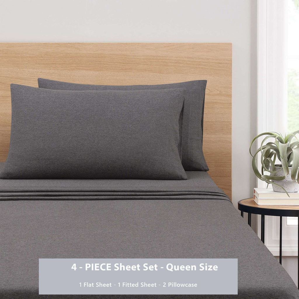 Breathable Luxury Cotton Rich Extra Soft Jersey Bed Sheet Set, Queen, Charcoal, 4 Pieces - Luxury Bed Sheet Set with Deep Pockets Detail