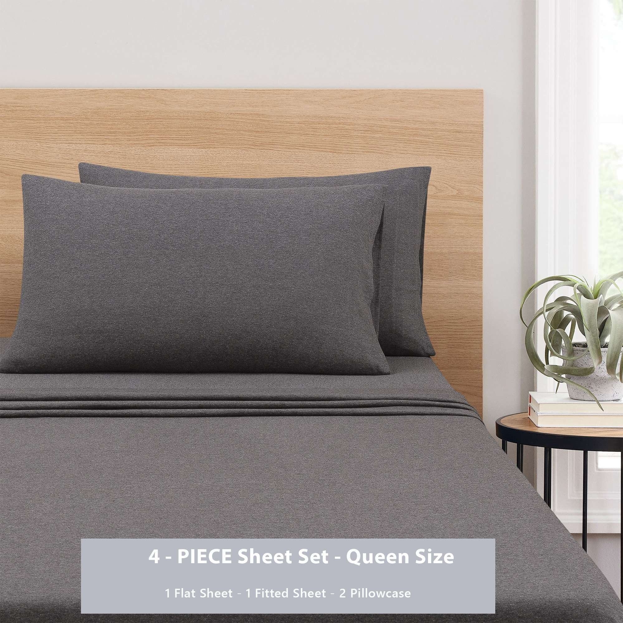 Breathable Luxury Cotton Rich Extra Soft Jersey Bed Sheet Set, Queen, Charcoal, 4 Pieces - Luxury Bed Sheet Set with Deep Pockets Detail
